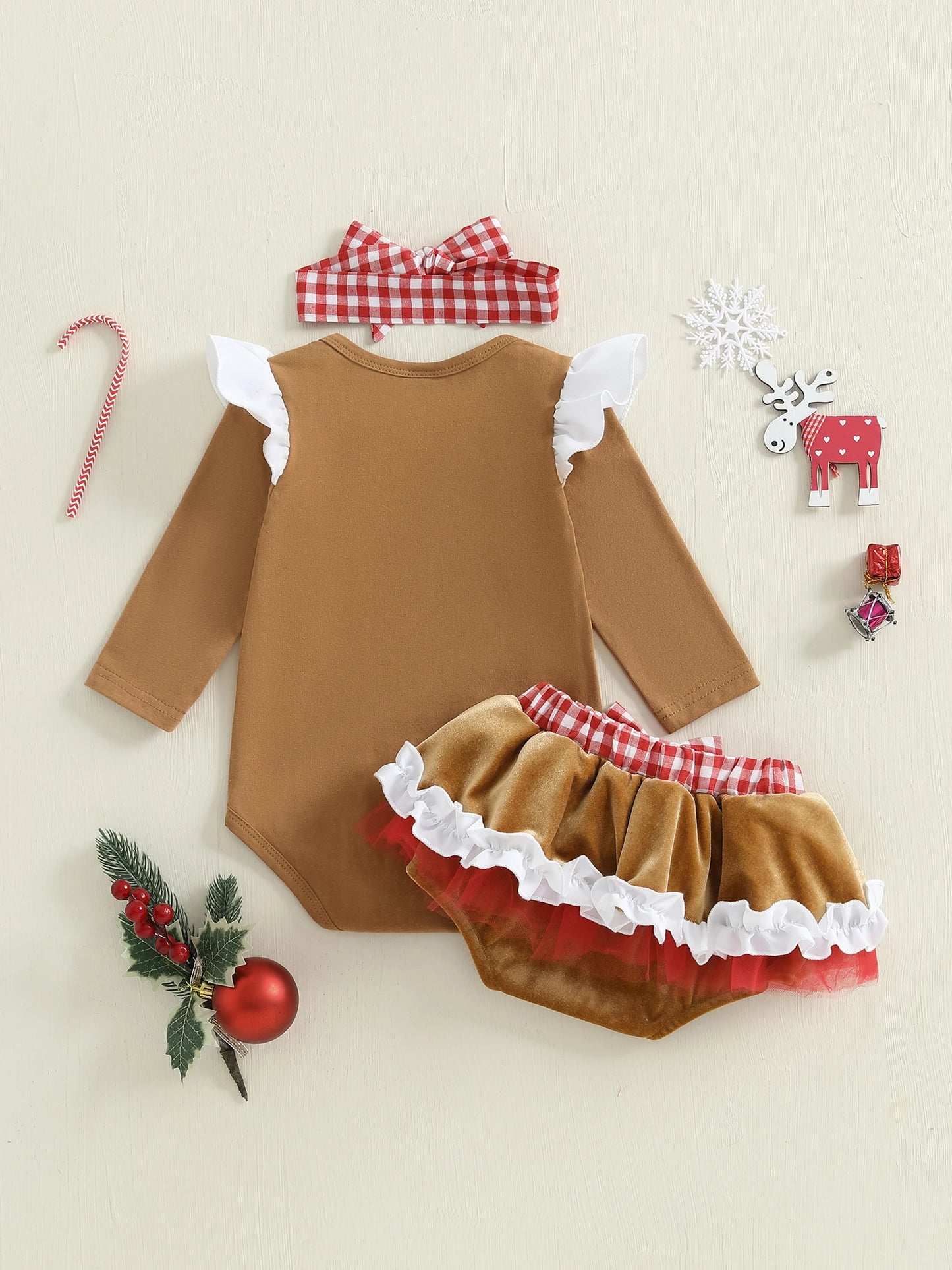 Newborn Baby Girl Gingerbread Christmas Romper & Headband Set