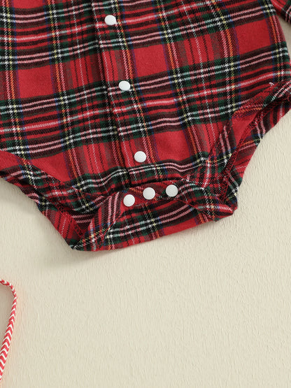 Baby Boys Christmas Plaid Romper with Gingerbread Embroidery