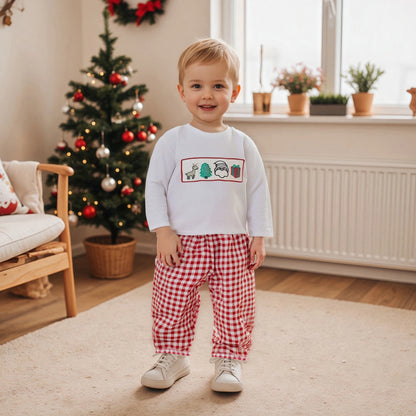 Baby Boys' 2-Piece Christmas Outfit Set with Embroidery and Plaid
