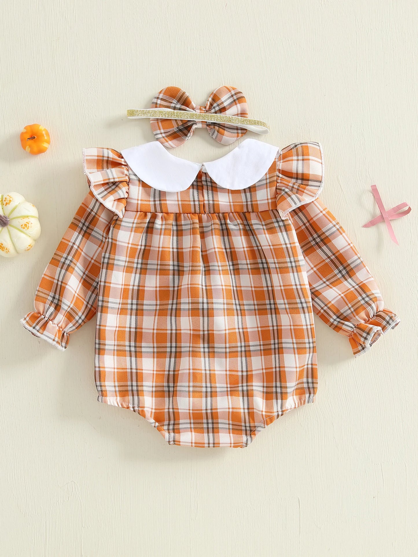 Baby Girls Plaid Romper with Embroidered Collar & Headband Set