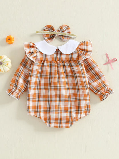 Baby Girls Plaid Romper with Embroidered Collar & Headband Set