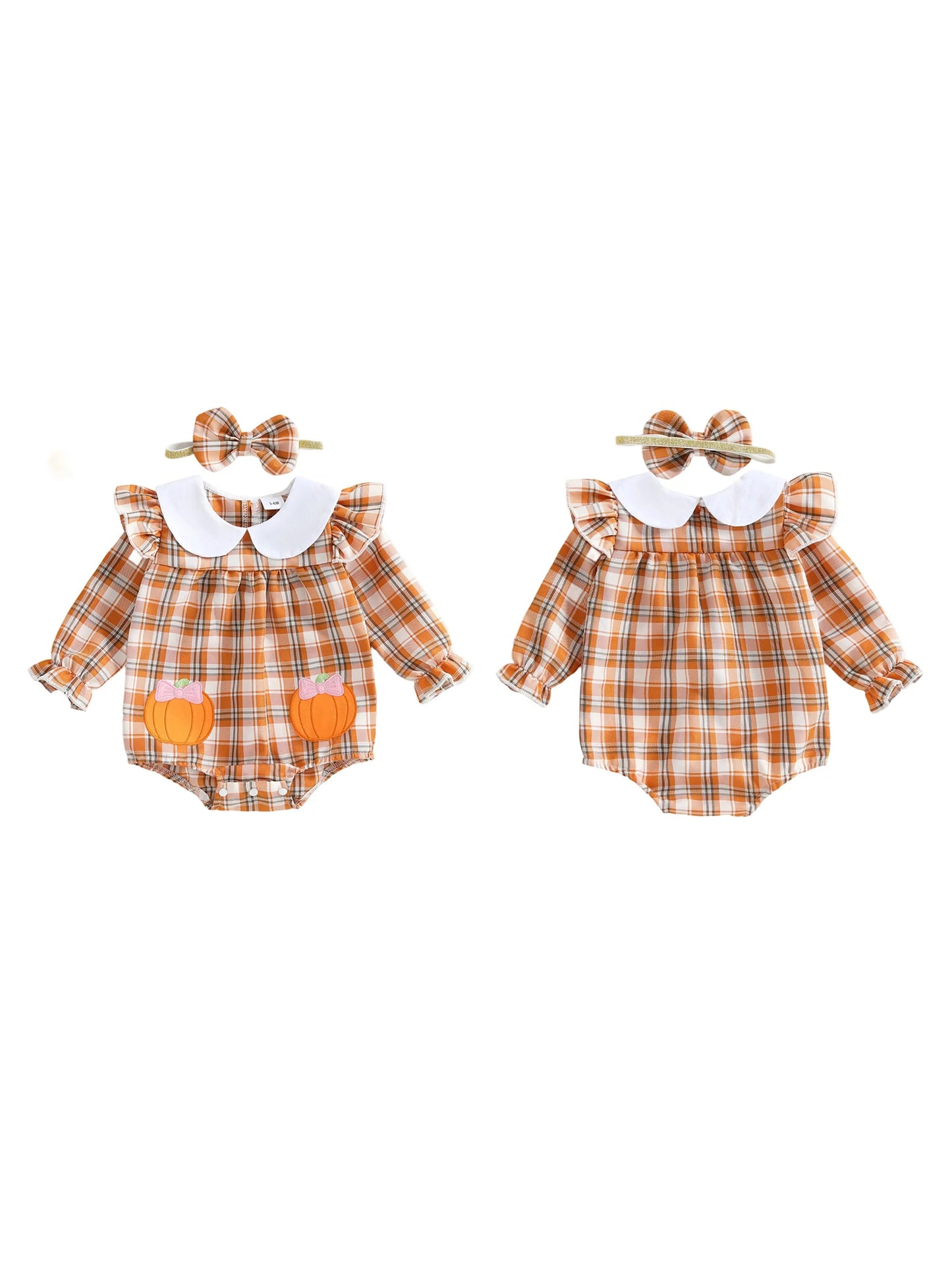 Baby Girls Plaid Romper with Embroidered Collar & Headband Set