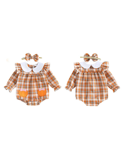 Baby Girls Plaid Romper with Embroidered Collar & Headband Set