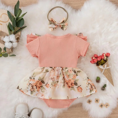 Cotton Striped Baby Girl Dress with Bowknot Headband