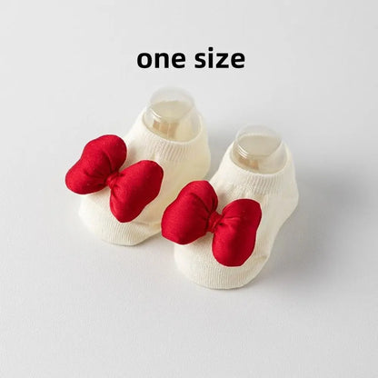 Cotton Baby Socks with Red Bow for Newborns 0-3 Years