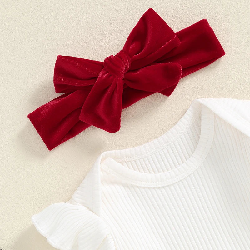 Newborn Baby Girl Christmas Romper Skirt Set with Headband