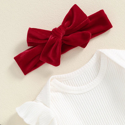 Newborn Baby Girl Christmas Romper Skirt Set with Headband