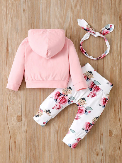 3PCS Baby Girl Floral Hooded Set with Headband 0-18 Months