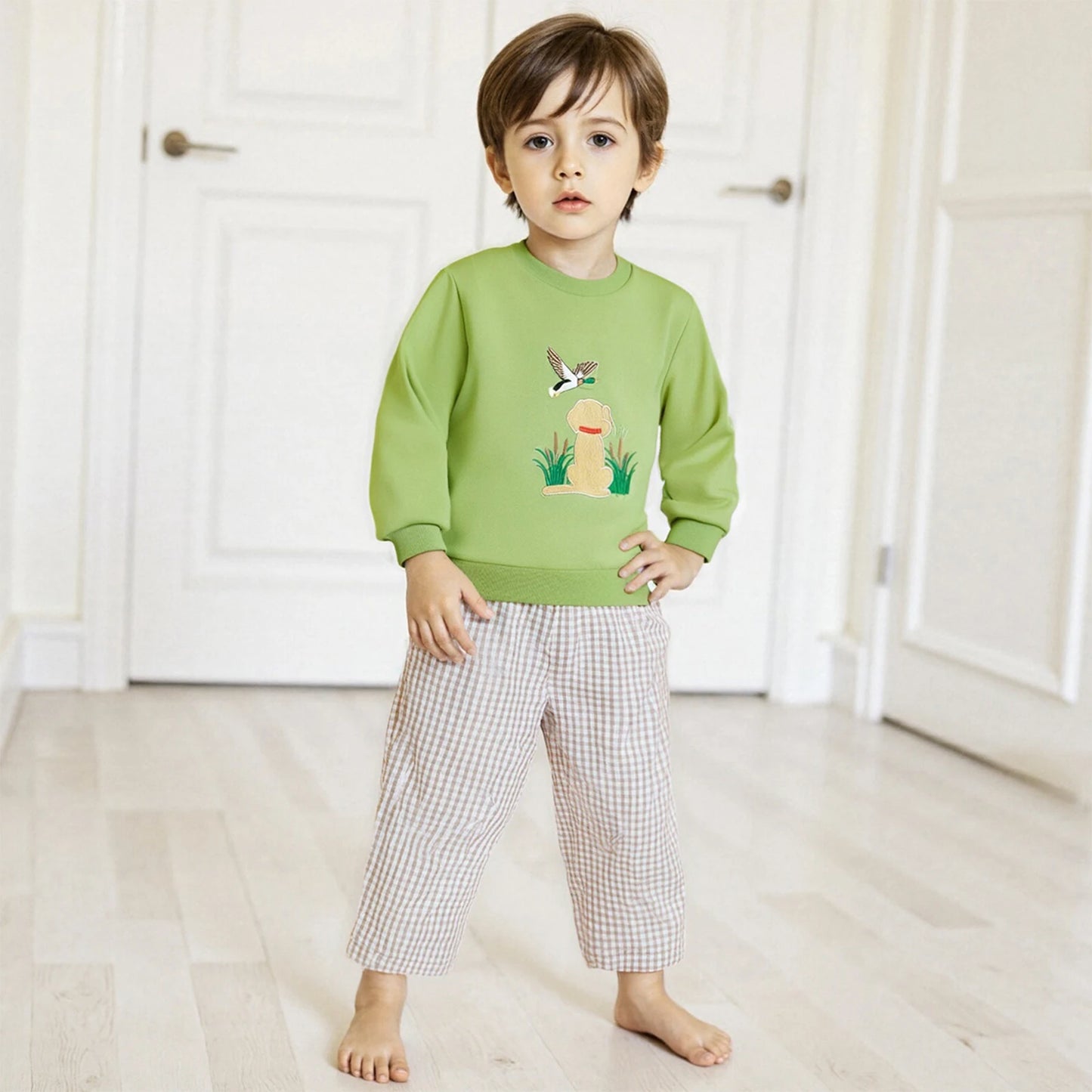 Boys' Long Sleeve Duck Embroidery Top & Plaid Pants Set