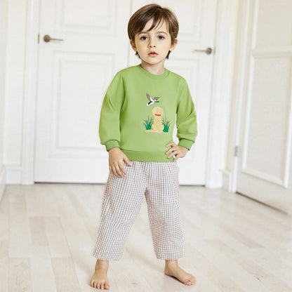 Boys' Long Sleeve Duck Embroidery Top & Plaid Pants Set