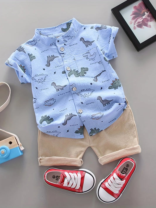 Dinosaur Print Short Sleeve Outfit Set for Infants and Toddlers