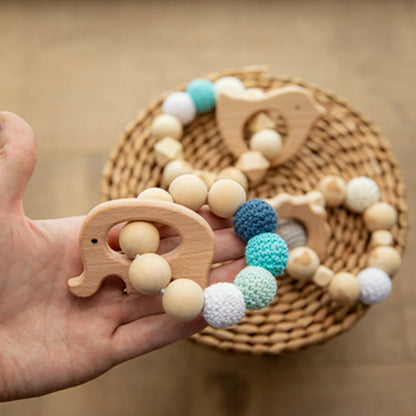 Wooden Animal Teether and Rattle Toy for Babies