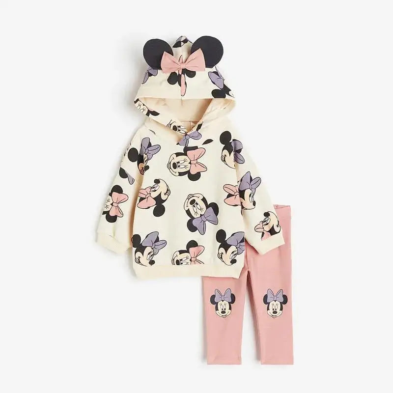 Kids Mickey and Minnie Cartoon Hooded Sweatshirt and Leggings Set