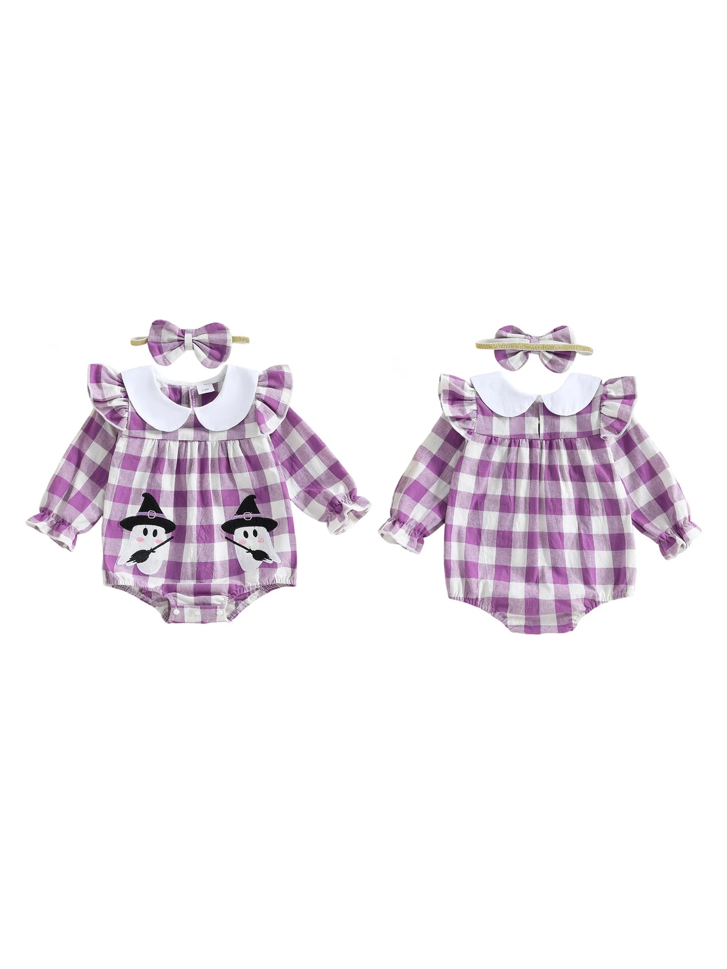 Baby Girls Plaid Romper with Embroidered Collar & Headband Set