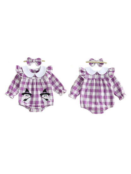 Baby Girls Plaid Romper with Embroidered Collar & Headband Set