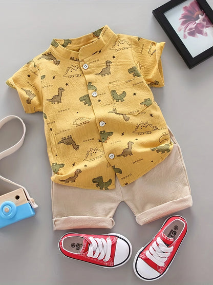 Dinosaur Print Short Sleeve Outfit Set for Infants and Toddlers