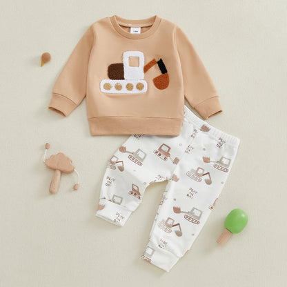Baby Boys Fall Outfit Set - Car Embroidery Sweatshirt & Pants