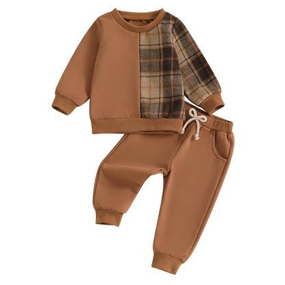 Kids Autumn Plaid Outfit Set with Long Sleeve Tops and Pants