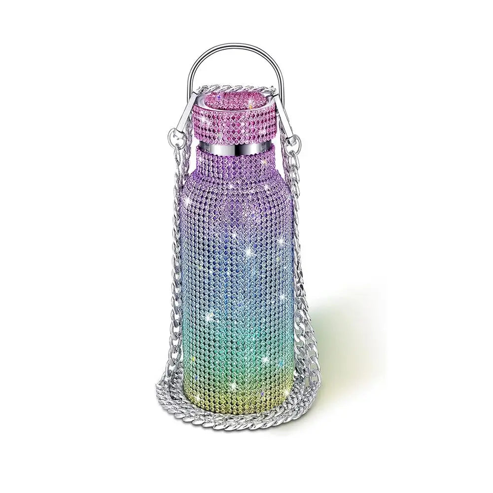 Rhinestone Stainless Steel Water Bottle with Carrying Strap