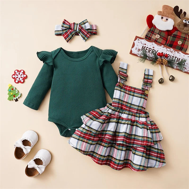 Baby Girl Christmas Outfit Set with Ruffle Romper & Skirt