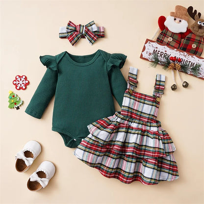 Baby Girl Christmas Outfit Set with Ruffle Romper & Skirt