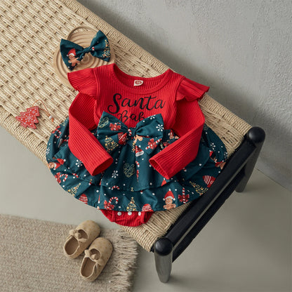 Christmas Baby Girls Long Sleeve Romper Dress with Headband