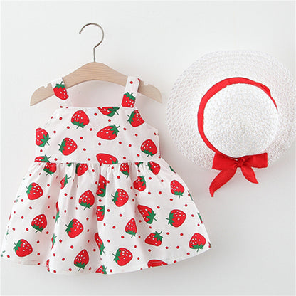Strawberry Print Baby Girl Dress with Bow and Hat