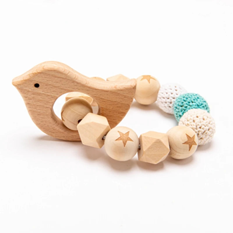 Wooden Animal Teether and Rattle Toy for Babies