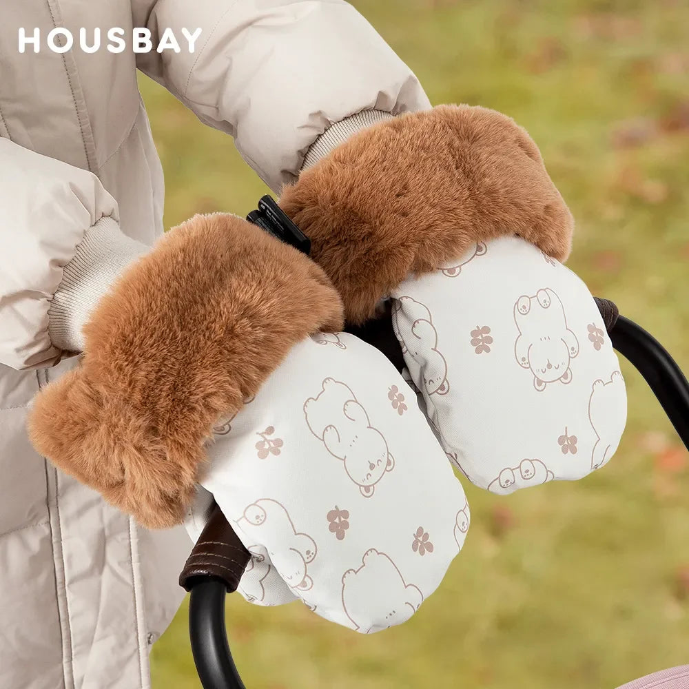 Winter Stroller Gloves – Windproof, Warm, Cute Bear Design, Waterproof Pram Accessory