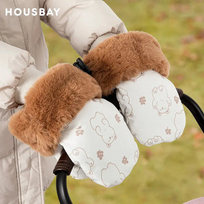 Winter Stroller Gloves – Windproof, Warm, Cute Bear Design, Waterproof Pram Accessory