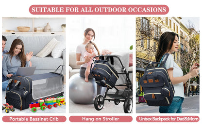 Foldable Diaper Bag Backpack with Crib & USB | Travel Ready