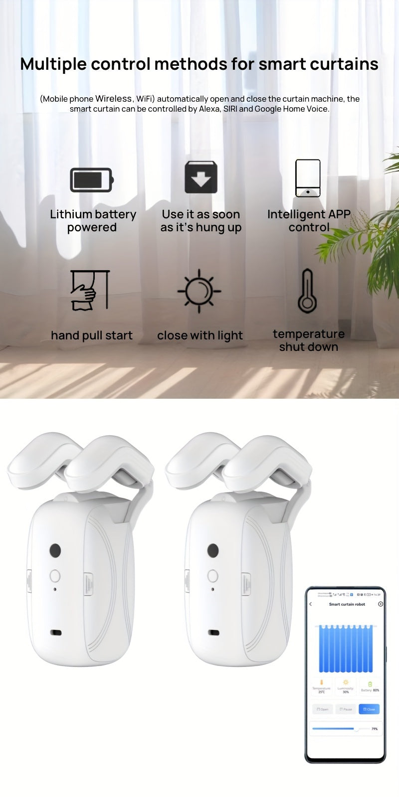 Smart Wi-Fi Curtain Robot Opener – App & Voice Control, Alexa & Google Compatible, Automatic Curtain System