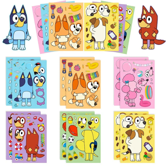 6/12/18 stk Bluey Anime tegneserie hundepuslespill-klistremerker Søte barn DIY-fargepuslespill Utdanningsklistremerker Morsomme leker for barn Gave