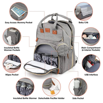 Foldable Diaper Bag Backpack with Crib & USB | Travel Ready