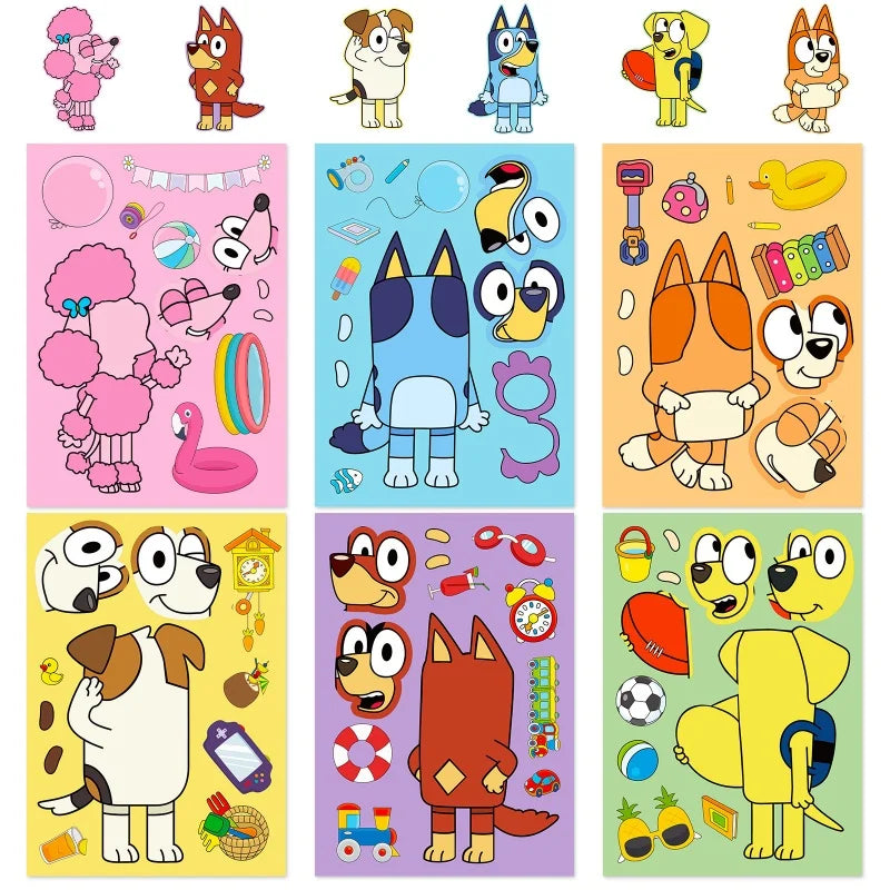 6/12/18 stk Bluey Anime tegneserie hundepuslespill-klistremerker Søte barn DIY-fargepuslespill Utdanningsklistremerker Morsomme leker for barn Gave
