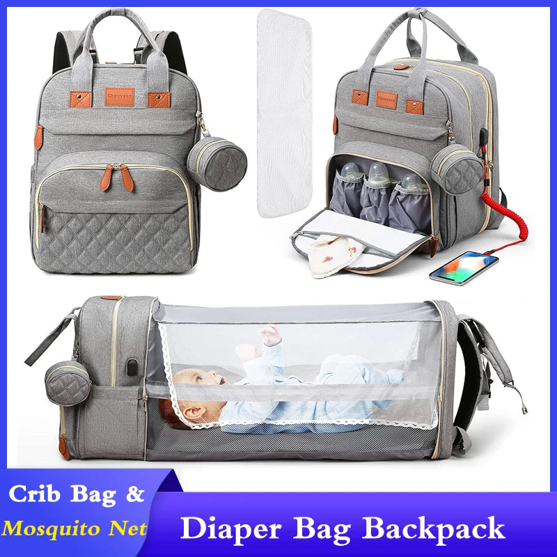 Foldable Diaper Bag Backpack with Crib & USB | Travel Ready