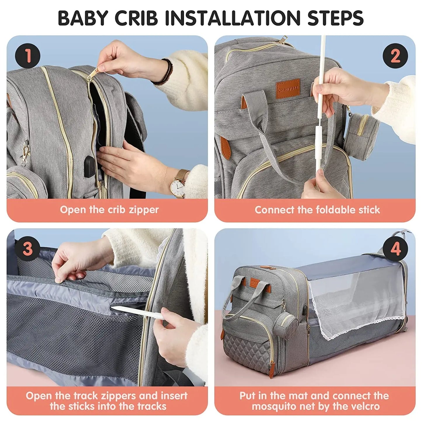 Foldable Diaper Bag Backpack with Crib & USB | Travel Ready