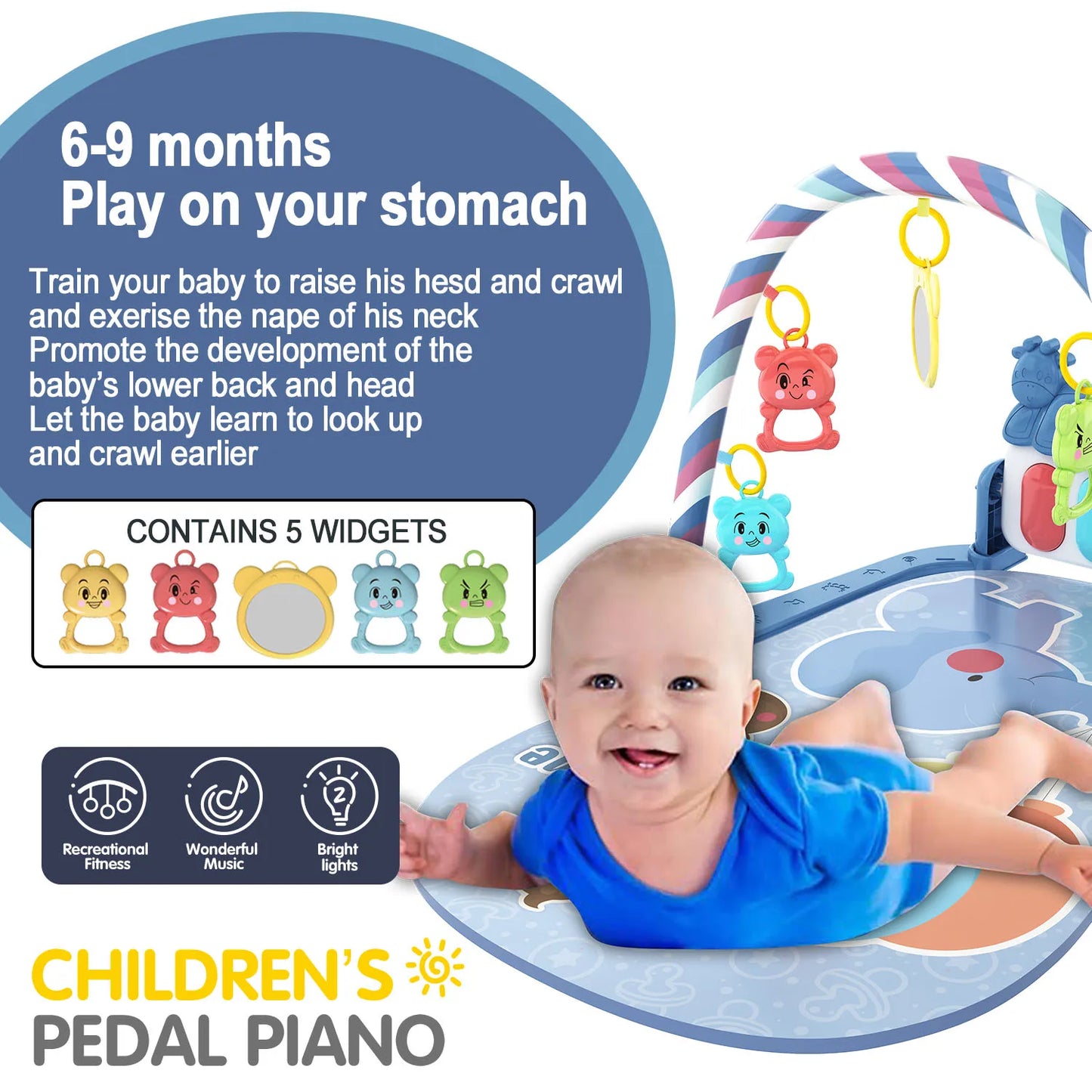 Baby gymmatte med piano for sanselek og utvikling